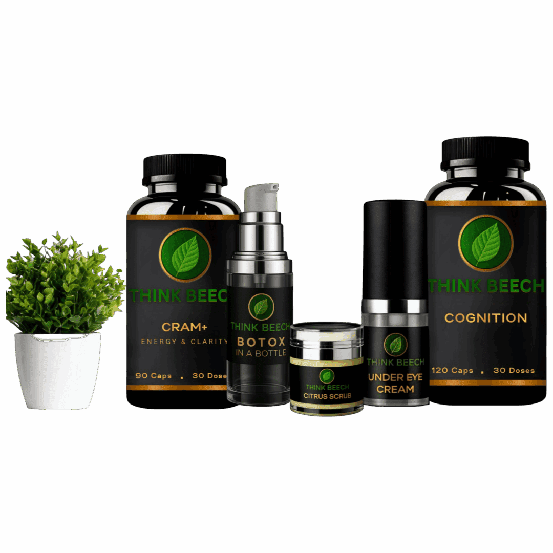 Natural supplement and skincare bottles with plant