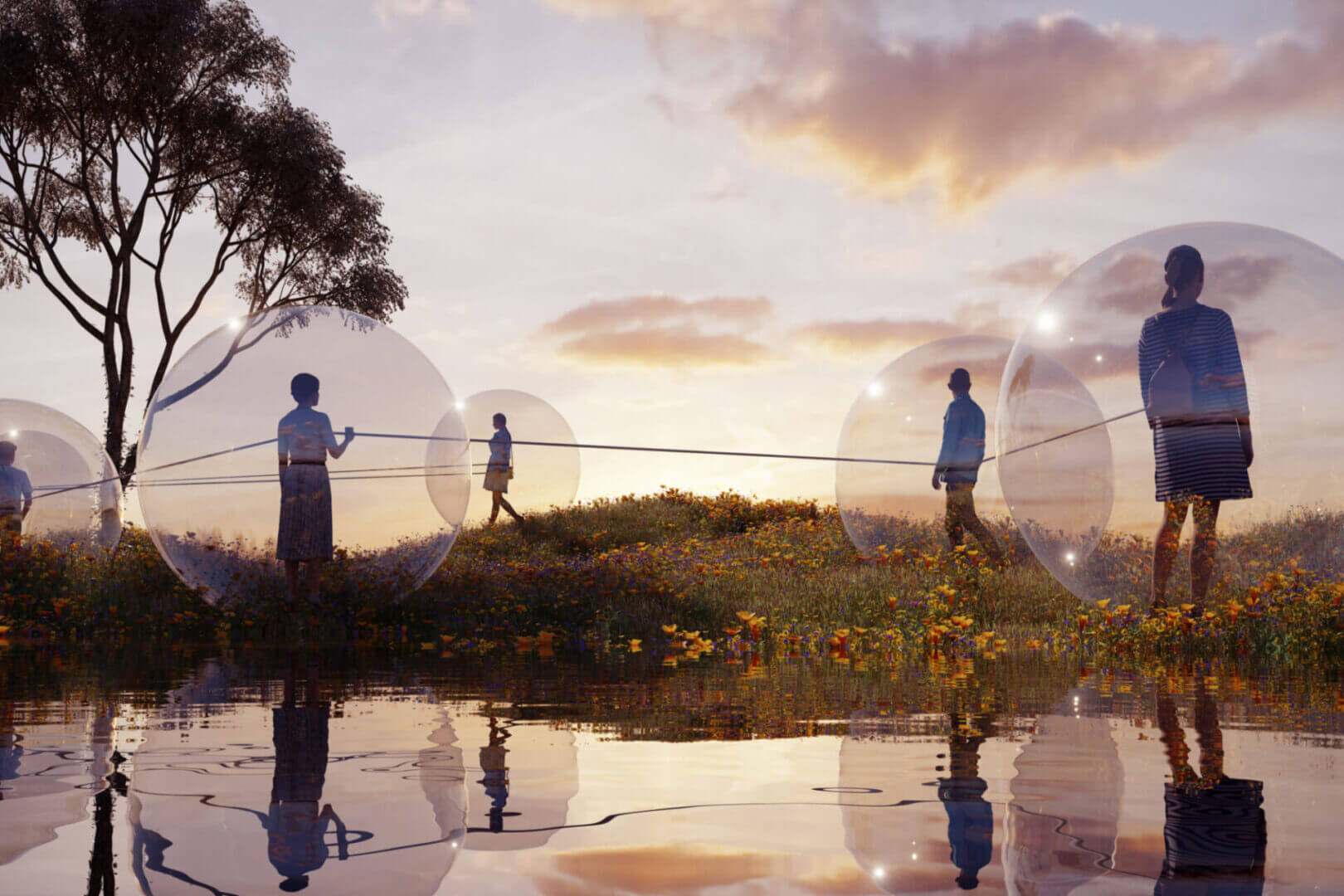 People in bubbles at sunset