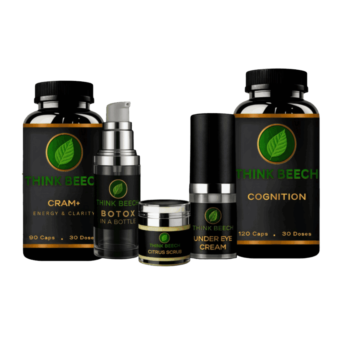 Black Think Beech supplement and skincare bottles